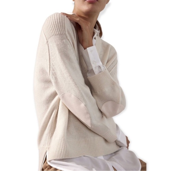 Brochu Walker Looker Sweater L Tan Layered V Neck Elbow Patch Neutral Cream - Picture 12 of 12